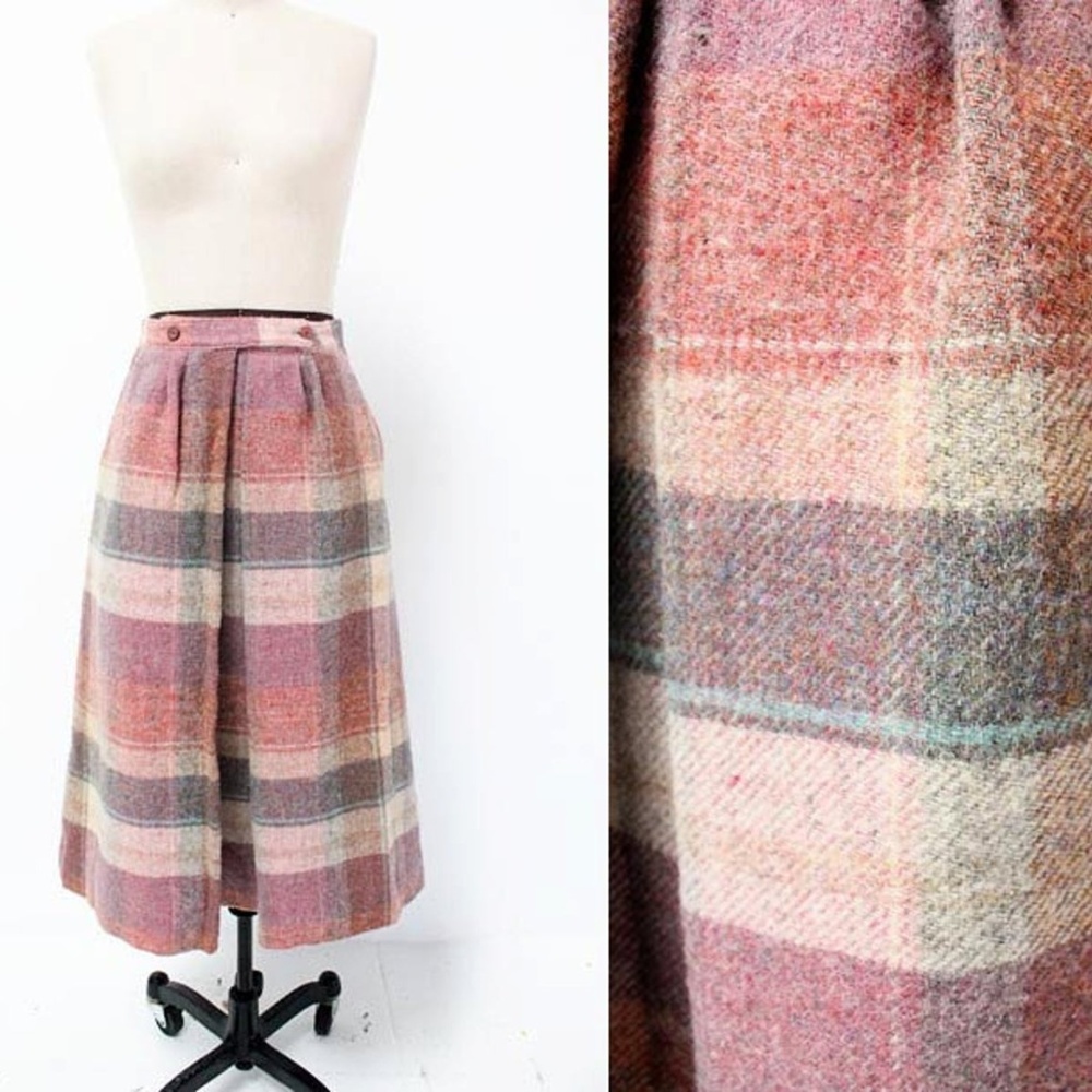 Vtg Pink & Tan Plaid Scottish Wool Plaid Skirt